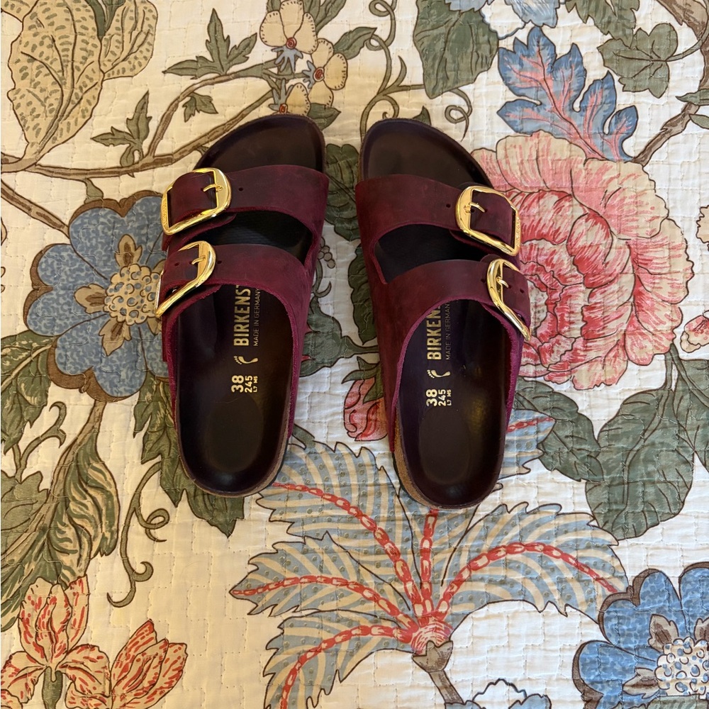 Birkenstock Arizona Double-Strap Sandals in Burgundy Suede with Gold Buckles
